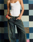 Jean Wide Balloon Tiro Medio Spec Tex Bicolor Azul y Café