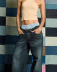 Jean Wide Leg Tiro Bajo Pretina Doblada y Spec Tex Azul Oscuro