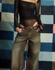 Jean Wide Leg Tiro Bajo Pretina Doblada y Spec Tex Cafe