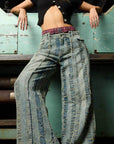 Jean Wide Leg Tiro Medio Deshilado Textil y Pardo Azul
