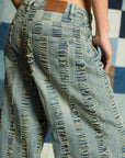 Jean Wide Leg Tiro Medio Deshilado Textil y Pardo Azul