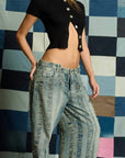Jean Wide Leg Tiro Medio Deshilado Textil y Pardo Azul