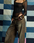 Jean Wide Leg Tiro Bajo Pretina Doblada y Spec Tex Cafe