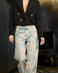 Jean Straight Tiro Medio Azul Medio Flowers Print